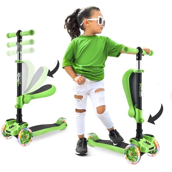 Scooter Patineta Hurtle con 3 Ruedas Luces LED Ajustable Asiento Plegable con Freno Infantil Verde