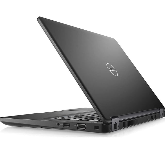 laptop dell 5490 i5-8 14 pulg 8gb ram 1tb ssd reacondicionado Vista 3/4 trasera de una laptop Dell negra de 14 pulgadas parcialmente abierta con tapa y logotipo visibles, bisagras y puertos laterales visibles sobre fondo blanco; incluye Windows 10 Pro y se envía en caja marrón con burbuja y sellos de seguridad. Suele usarse también como equipo de respaldo para viaje.
