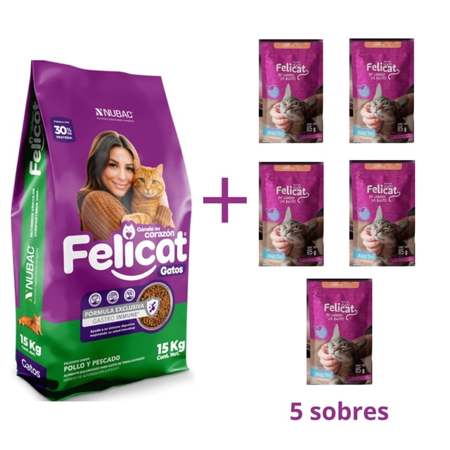 felicat 15 kg + 5 sobres felicat 95 gr paquete de croquetas morado y verde con logo Felicat y texto 15 kg, junto a cinco sobres individuales morado de 95 g; fórmula con pollo y pescado, nutrición completa y balanceada, sistema gastro inmune, control de bolas de pelo y hidratación reforzada según especificaciones.