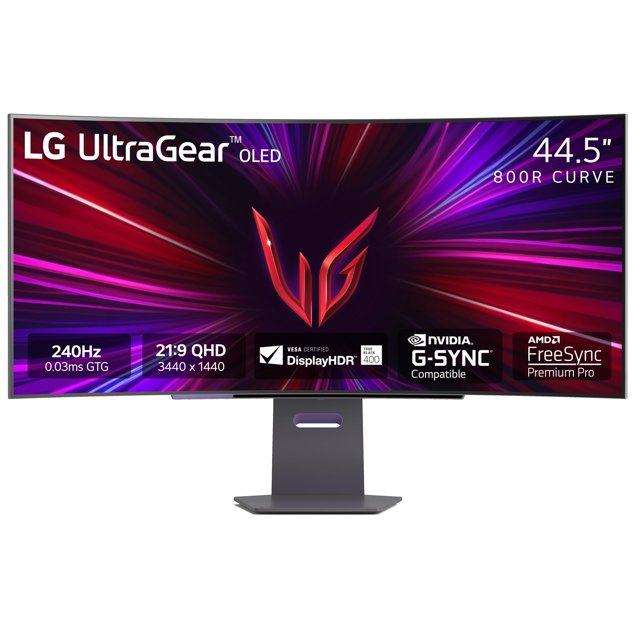 lg 45gs95qe ultragear oled monitor curvo para juegos 45 pulgadas wqhd 800r 240 hz 0,03 ms displayhdr true black 400 amd freesync premium pro nvidia g-sync hdmi 2.1 displayport soporte inclinable/altur vista frontal centrada del LG UltraGear OLED 45" 21:9 con biseles estrechos, base central y pantalla curva 800R mostrando gráficos rojos y morados; rótulos en pantalla indican 240 Hz, 3440 x 1440 (21:9 QHD), VESA DisplayHDR True Black 400, NVIDIA G-SYNC y AMD FreeSync Premium Pro. Adecuado para juegos inmersivos y a menudo usado también para edición de video por su gran relación de aspecto.