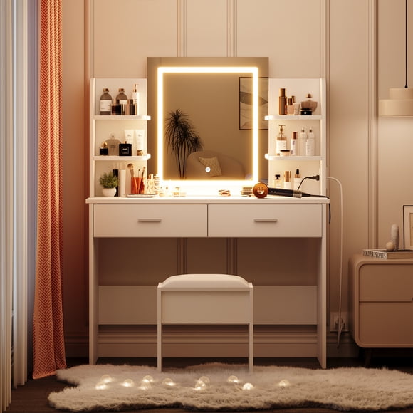 Tocador blanco con espejo: luces LED ajustables, toma de corriente, 6 repisas abiertas, 2 cajones, taburete – Tocador moderno para recámara, amplio espacio de almacenamiento, color blanco