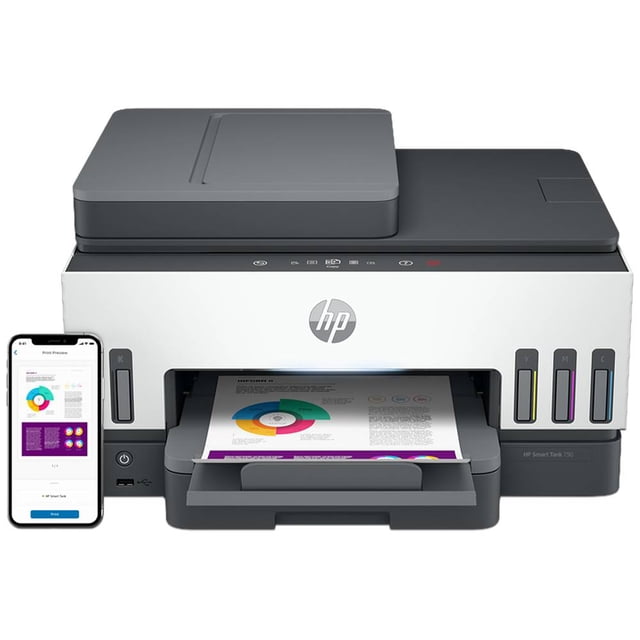 multifuncional hp a color de inyección de tinta smart tank 790 hp 4wf66a vista frontal centrada de la impresora negra con tanque de tinta frontal, bandeja de salida desplegada con hoja impresa a color y panel de control táctil en la parte superior; smartphone a la izquierda muestra app de impresión móvil, adecuada para impresión y escaneo en casa u oficina pequeña.