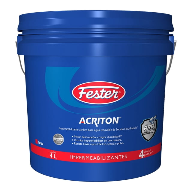 impermeabilizante acrílico base agua renovable de secado extra rápido fester acriton proshield 4 años 4 l rojo envase frontal centrado: cubeta azul con asa y etiqueta 'Fester Acriton' con sello ProShield; etiqueta indica 'permite impermeabilizar en una mañana' y resistencia a lluvia y rayos UV, adecuada para impermeabilizar techos y superficies.