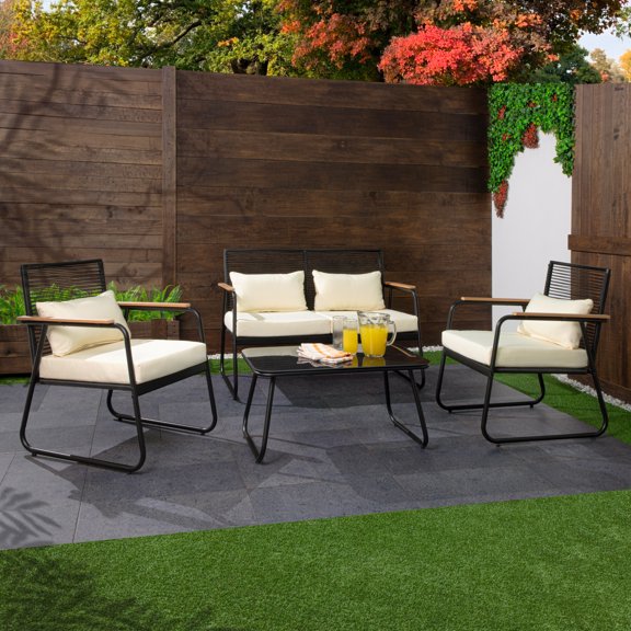 Sala Exterior Para Jardín Sunshine Ratán Mesa de Centro con Vidrio KingsHouse negro 4 Piezas