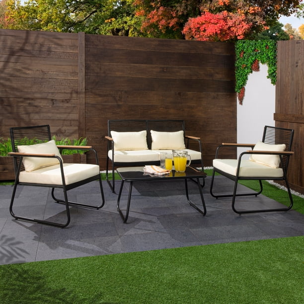 Sala Exterior Para Jardín Sunshine Ratán Mesa de Centro con Vidrio KingsHouse negro 4 Piezas