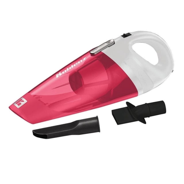 aspiradora koblenz hv12kg3 portatil para automovil negro con rojo 3/4 frontal, aspiradora de mano para auto con copa de polvo translúcida roja y cuerpo negro, incluye boquilla alargada y accesorio esquinero, mango con gatillo superior y cable de 12 V que se conecta al encendedor, filtro de tela lavable y depósito sin bolsa; también suele usarse para limpiar interiores de mochilas y maleteros pequeños.