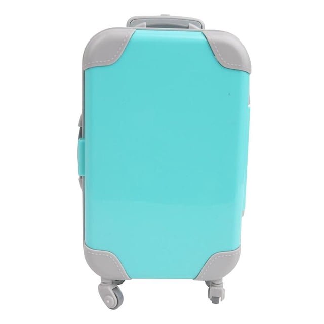 preciosa maleta asa y ruedas, mini estuche para , accesorio de para de 18 pulgadas - verde yotijar maleta de muñeca Maleta de juguete verde de plástico con asa superior y cuatro ruedas giratorias, vista frontal centrada que muestra silueta rectangular compacta y esquinas grises; tamaño aproximado 13.5 x 4 cm, adecuada como estuche de viaje en miniatura o caja de almacenamiento para accesorios de muñeca.
