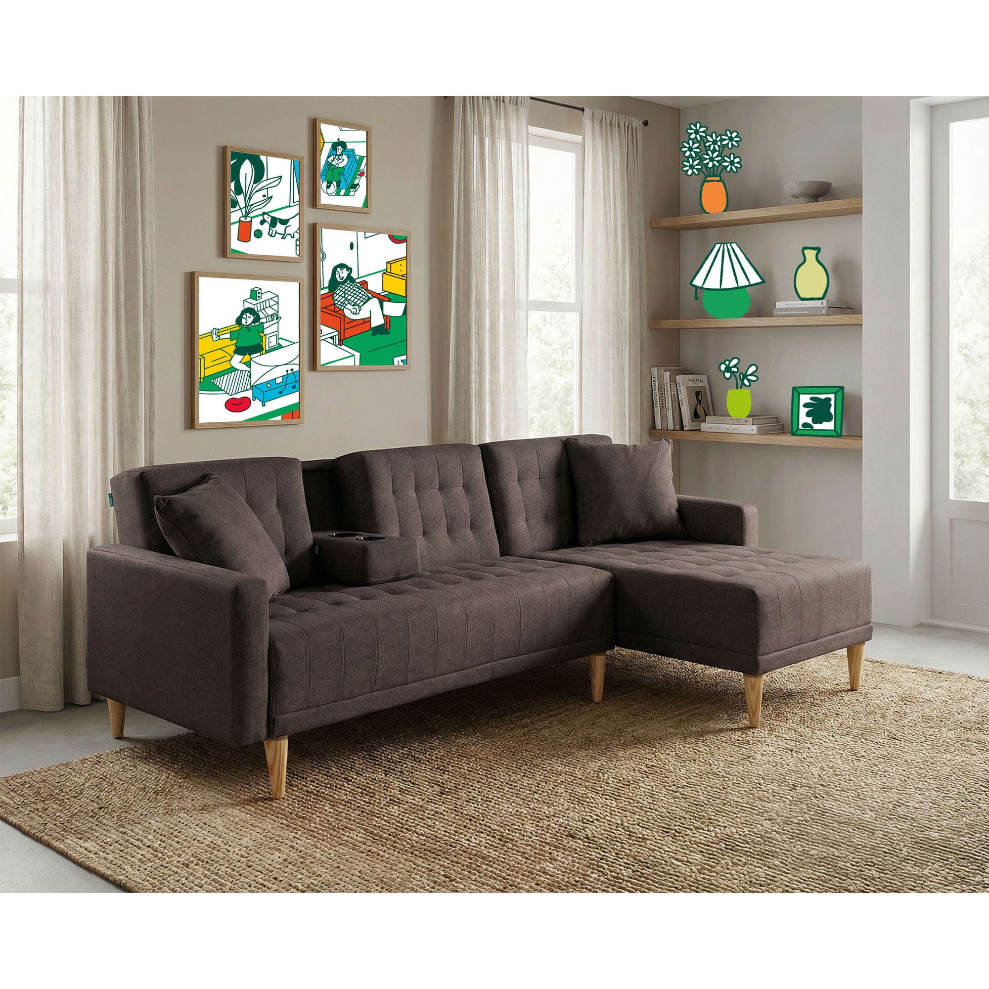 Sala Modular Reversible Makora Kendall Con Memory Foam, Color Chocolate, Lino Respaldo Reclinable De 3 posiciones.