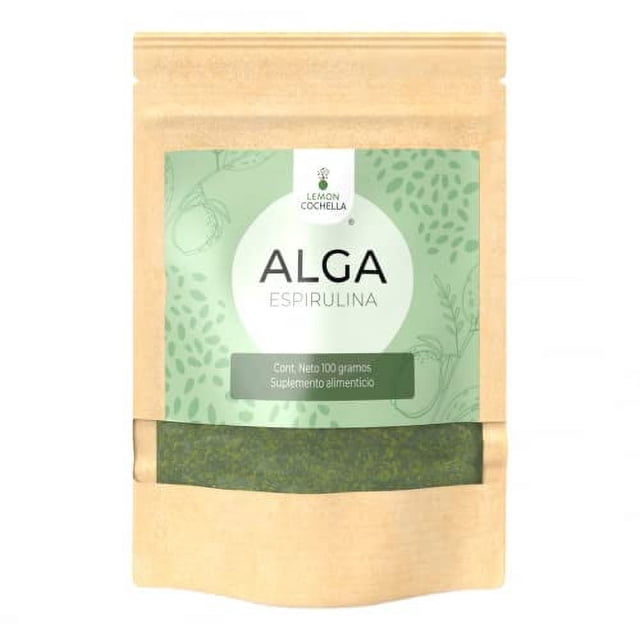 suplemento alimenticio en polvo lemon cochella alga espirulina 100 grs bolsa resellable, vista frontal de bolsa kraft resellable con etiqueta verde que dice 'ALGA ESPIRULINA', ventana transparente mostrando polvo verde, texto en etiqueta 'Cont. Neto 100 gramos' y logotipo LEMON COCHELLA; su ingesta contribuye a combatir la fatiga y el cansancio.