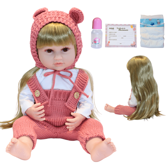 Muñeca Reborn Emma 55cm | Vinilo Suave Full Body | Overol rosa | Kit Completo