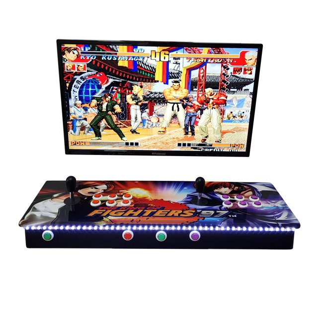 tablero arcade multijuegos gd 84 cm pandora 3d wifi con 40,000 mil juegos, terminado premium, luces led — panel frontal centrado de 84 cm con dos joysticks y botones para dos jugadores, cubierta HD con arte estilo 'Fighters', tira de luces LED multicolor en el frente, caja en MDF 15 mm con acabado premium, entradas USB para controles extras y salida HDMI para TV o monitor; compatible con pausa y guardado de partidas, plug & play; suele usarse también como consola retro para eventos.