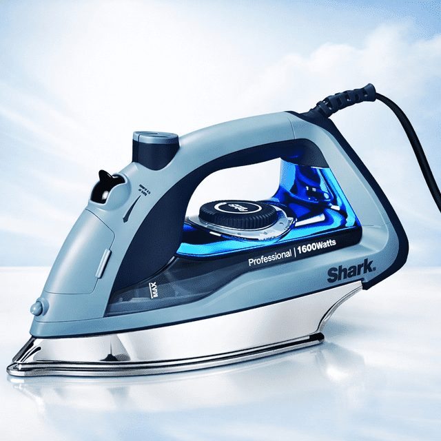 plancha shark acero inoxidable gi305b 1600 watts shark plancha de vapor azul y gris, vista lateral centrada con base de acero inoxidable pulida; tanque de agua translúcido, selector circular de temperatura visible, inscripción "Professional | 1600Watts" y cable posterior. Especificada con sistema anti‑goteo y apagado automático; también suele usarse para alisar telas de manualidades.