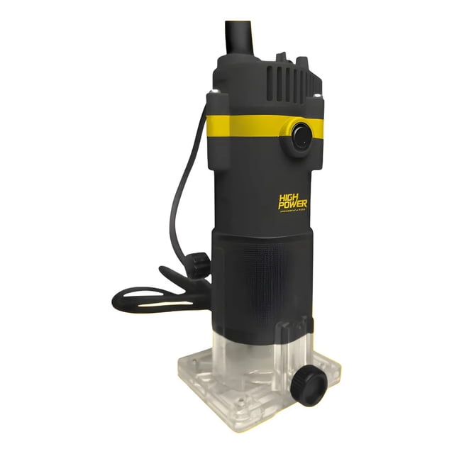 recortadora de mano router para madera 400w re-400w high power Recortadora vertical High Power RE-400W, carcasa negra con franja amarilla y logo, base plástica transparente cuadrada, perilla de ajuste lateral y cable; herramienta eléctrica de 400 W y alta velocidad para cortes y acabados en madera, incluye guía paralela y llave para colet; también adecuada para perfilar cantos en proyectos de bricolaje.