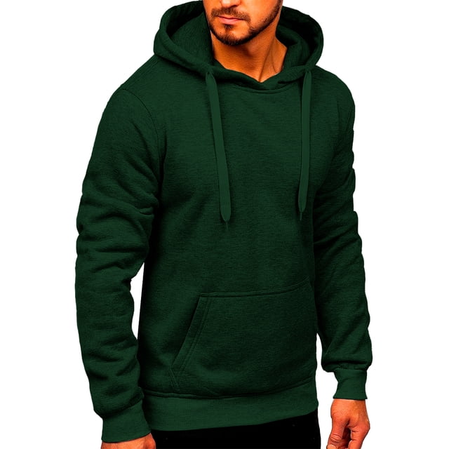 sudadera para hombre shendy vendy con capucha hoodie verde oscuro — vista frontal 3/4 de torso masculino, capucha con cordón ajustable, bolsillo canguro y dobladillos reforzados; tejido cepillado 100% poliéster de tacto suave, cómoda para ejercicio ligero, paseo o descanso en temporada de frío — también suele usarse para capas extra en viajes cortos.