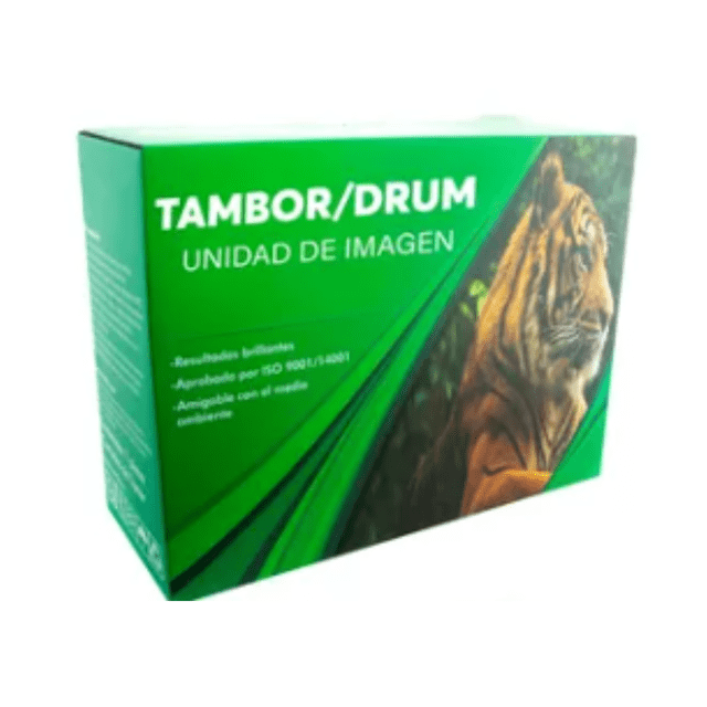 tambor dr360 dr-360comp-ai tigre compatible con brother hl-2140,hl-2170w,hl-2150n;brotherdcp-7030, dcp-7040; caja rectangular verde con texto 'TAMBOR/DRUM UNIDAD DE IMAGEN', diseño con franjas diagonales y fotografía de tigre, tambor color negro compatible para impresoras Brother con rendimiento de 12000 impresiones.