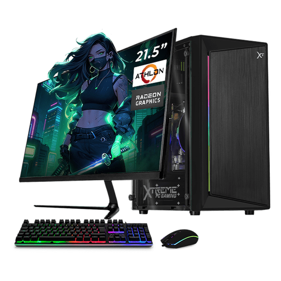 Computadora Escritorio Completa Xtreme PC Gaming AMD Radeon Vega 3 Athlon 3000G 16GB SSD 500GB Monitor 21.5 75Hz WIFI Black juegos casuales, trabajo y estudio