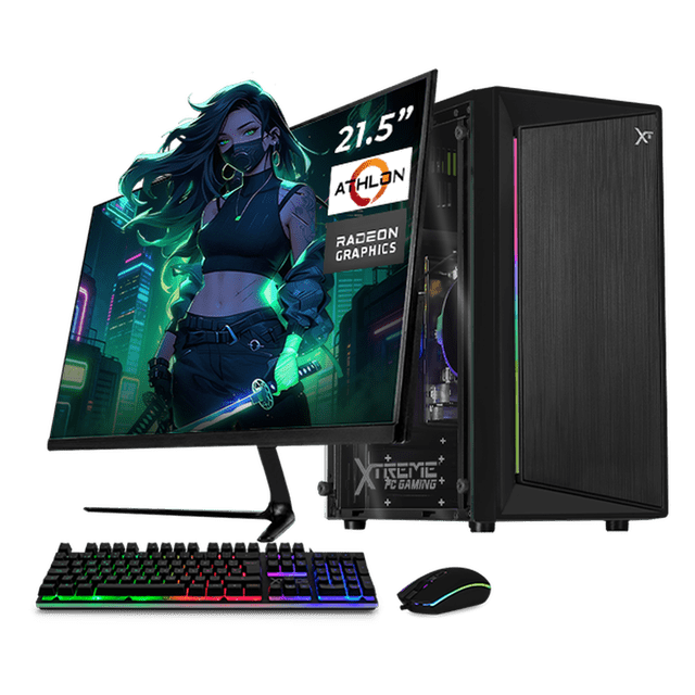 Computadora Escritorio Completa Xtreme PC Gaming AMD Radeon Vega 3 Athlon 3000G 16GB SSD 500GB Monitor 21.5 75Hz WIFI Black juegos casuales, trabajo y estudio