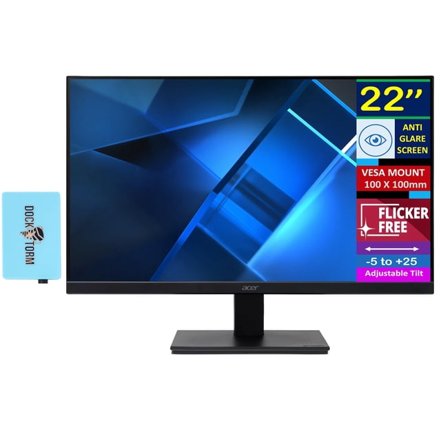Monitor Acer Vero 22 FHD FreeSync 100 Hz 4 ms 22 pulgadas negro, vista frontal centrada de pantalla plana VA 22" (1920x1080) con bisel fino y base rectangular negra, superficie antideslumbrante, inclinable -5° a +25°, 100 Hz y contraste 3000:1, puertos 1x HDMI y 1x VGA, compatible VESA 100x100 mm; incluye Docztorm Dock USB portátil, también apto para sincronizar archivos rápidos en viaje.