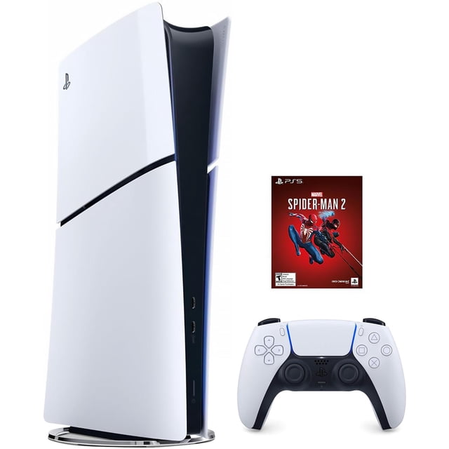 consola ps5 slim playstation 5 digital 1tb bundle marvel’s spider-man 2 internacional consola en posición vertical (sin soporte incluido) y mando DualSense blanco con caja del juego Spider-Man 2; vista 3/4 frontal que muestra paneles curvos blancos, franja central negra iluminada, puertos frontales y diseño compacto; compatible con 1TB SSD y rendimiento hasta 120 fps en títulos compatibles; también suele usarse para almacenar bibliotecas digitales de juegos.
