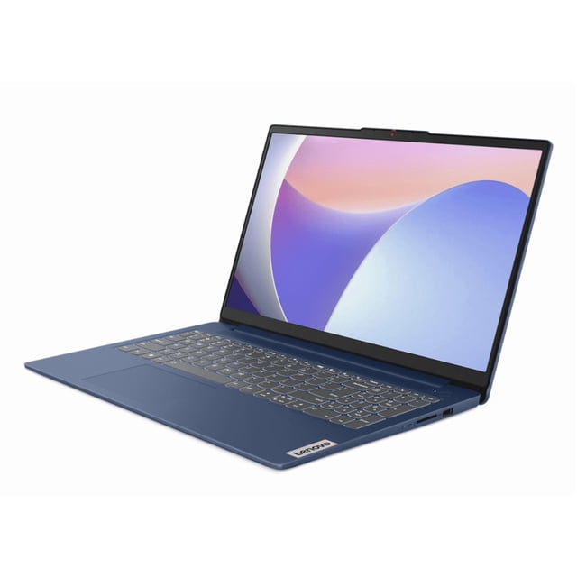 laptop lenovo ideapad slim 3 15iah8 15.6" fhd touch, intel core i5, 8gb ram, 512gb ssd, dolby audio, windows 11 – azul - teclado español. Vista 3/4 frontal de la laptop abierta en azul, pantalla táctil Full HD de 15.6" (1920x1080), teclado español de tamaño completo, trackpad central y logo Lenovo visible; puertos USB, USB-C y HDMI en el lateral. Especificaciones visibles: Intel Core i5 12ª gen, 8GB DDR4 y 512GB SSD NVMe; apta para tareas diarias y uso estudiantil; peso aproximado 1.6 kg.