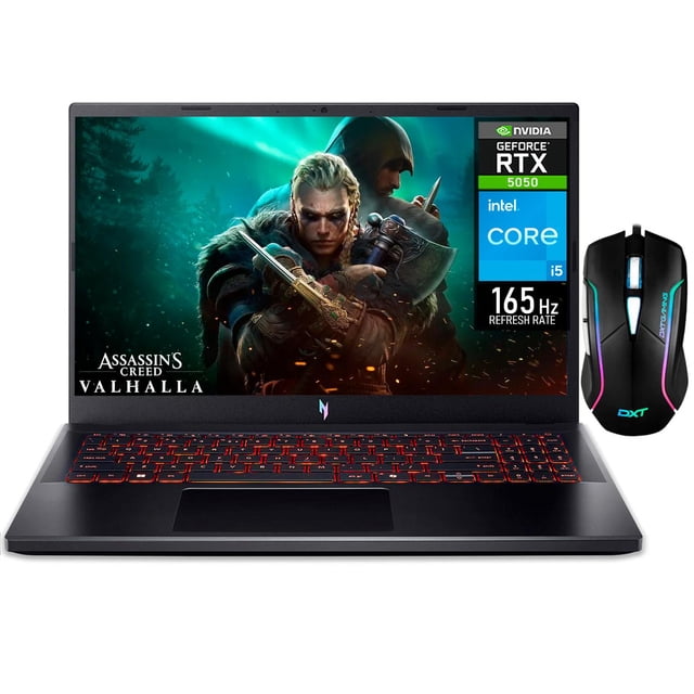 laptop gamer acer nitro v 15 geforce rtx 5050 core i5 13420h 32gb ssd 512gb 15.6" teclado ingles mouse dxt gaming Negro. Vista frontal centrada con pantalla abierta; chasis negro mate, teclado retroiluminado rojo en distribución en inglés y panel táctil centrado. Pantalla 15.6" FHD (1920 x 1080) 165Hz muestra imagen de juego; etiquetas visibles de NVIDIA GeForce RTX 5050 e Intel Core i5 en borde derecho. Mouse gamer DXT negro con iluminación RGB a la derecha. También suele usarse para streaming y edición ligera gracias a su CPU y 32GB de RAM.