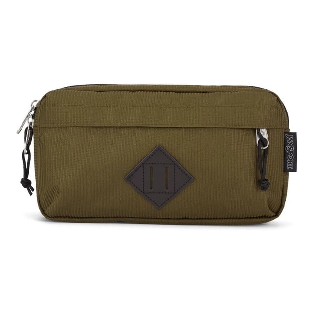 cangurera jansport unisex color verde modelo js00t81b81n frontal centrada de cangurera rectangular en material sintético verde, bolsillo frontal con cierre y tiradores de cordón, parche romboidal en cuero sintético y etiqueta JanSport lateral; cinturón ajustable ergonómico visible, ideal para viajes, ejercicio y uso diario, a menudo usada para llevar artículos pequeños en salidas casuales.