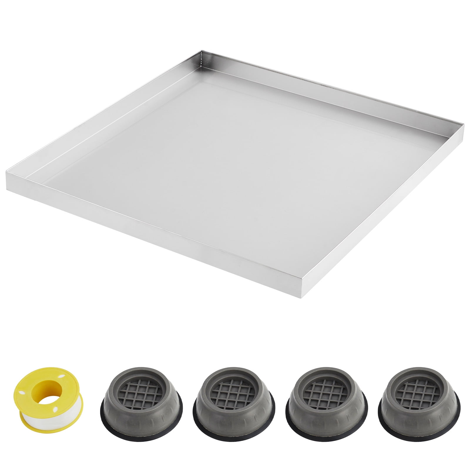 Bandeja para lavadora de acero inoxidable 304 – Sin salida de agua – 28x30 pulgadas – 4 patas de succión antivibración – Protección de suelo, resistente a la corrosión, fácil de limpiar