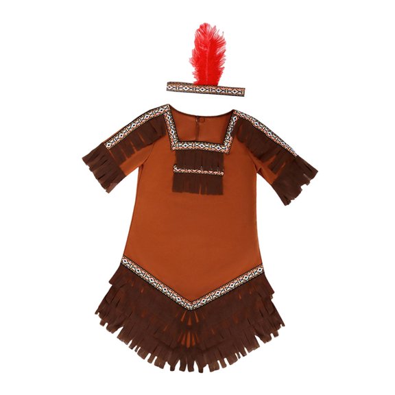 Disfraz de India para niños, disfraz de cosplay de India nativa con diadema de plumas para niños. Talla XL para niña