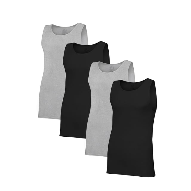 camiseta premium para hombre fruit of the loom paquete de 4 cuatro camisetas tipo A surtidas en negro y gris, talla pequeña; vista frontal apilada, corte sin mangas con escote redondo, dobladillo inferior plano y sin etiquetas; tela Eversoft de textura lisa según especificaciones; suele usarse también como básica o capa interior.