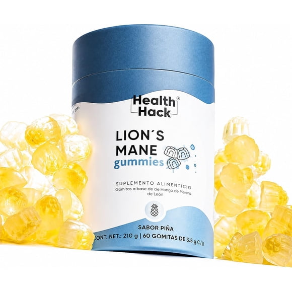Health Hack Lion's Mane Gummies | Suplemento Alimenticio con Hongo Melena de León y Vitamina B12 | Sabor Piña | Vegano Sin Azúcar | 60 Gomitas