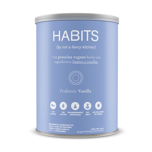 proteína vegana habits vanilla 488g Envase cilíndrico frontal color lavanda con logo HABITS; suplemento en polvo sabor vainilla hecho con concentrado de chícharo y arroz, 22.3 g de proteína por scoop, sin lácteos, soya ni gluten y sin transgénicos ni gomas; sobre fondo blanco. Apto también para mezclar en batidos y recetas de avena.
