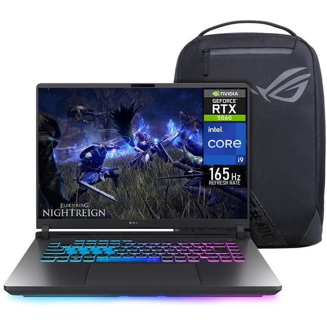 laptop gamer asus rog strix g16 nvidia geforce rtx 5060 intel core i9 14900hx 32gb ram 1tb ssd 16" windows 11 home teclado en ingles + mochila — Vista frontal de la laptop gris ROG Strix G16 con pantalla de 16" QHD (1920 x 1200) mostrando un juego, teclado retroiluminado RGB de 4 zonas en distribución en inglés, barra LED inferior y etiquetas visibles de NVIDIA GeForce RTX 5060 e Intel Core i9; pantalla 165 Hz, 3 ms. Incluye mochila negra con logo ROG; también suele usarse para transportar equipos de audio y accesorios durante viajes.
