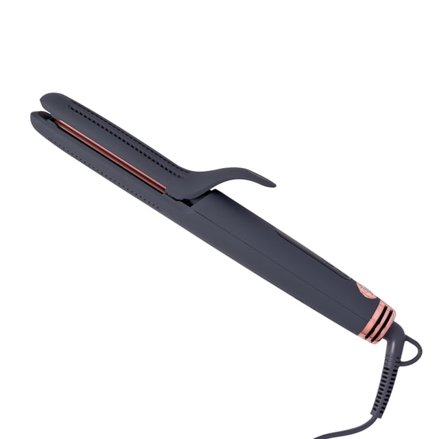 plancha alisadora y rizador de pelo hairitage go with the flow 2 en 1 gris turmalina cerámica, vista 3/4 frontal de la herramienta abierta con placas de cerámica y detalle metálico, mango con borde curvo y orificios de ventilación visibles, cable giratorio largo y control de temperatura 330 °F a 420 °F; adecuada para alisar o rizar.