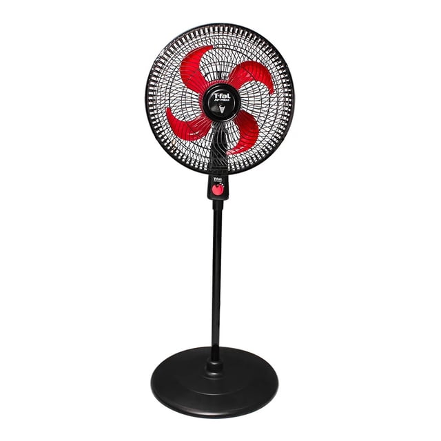 ventilador de pedestal 16'' 40 cm negro c/ rojo tefal t-fal ventilador de pedestal frontal centrado con 4 aspas rojas y reja circular metálica, columna negra ajustable y base redonda; 3 velocidades, oscilación horizontal e inclinación vertical visibles. Suele usarse también para ventilar habitaciones pequeñas o estudios.