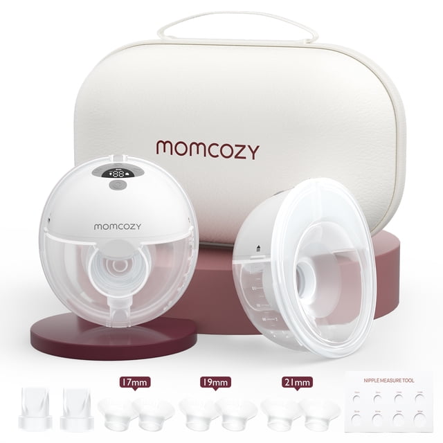 momcozy m5 extractor de leche eléctrico manos libres blanco — vista frontal centrada de la unidad redonda Momcozy M5 junto a su estuche blanco con logo; muestra pantalla digital superior, embudo de doble sellado transparente, tazón de 160 ml, y accesorios con bridas/insertos 17 mm, 19 mm, 21 mm y 24 mm y herramienta de medición; peso 230 g, suele usarse también para transporte y almacenamiento durante viajes.