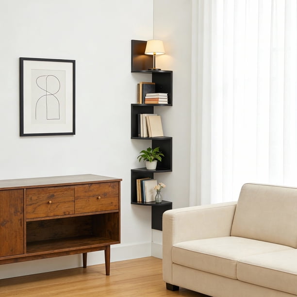 VASAGLE Estantería Esquinero, Estante de Pared flotante de 5 Niveles con Diseño en Zigzag, Negro