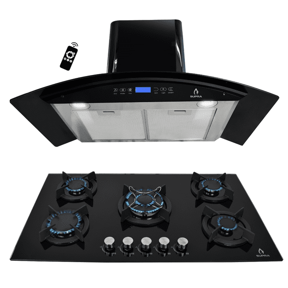 Combo parrilla empotrable y Campana SUPRA BELLAGIO de cristal templado color negro gas LP y gas natural 5 quemadores