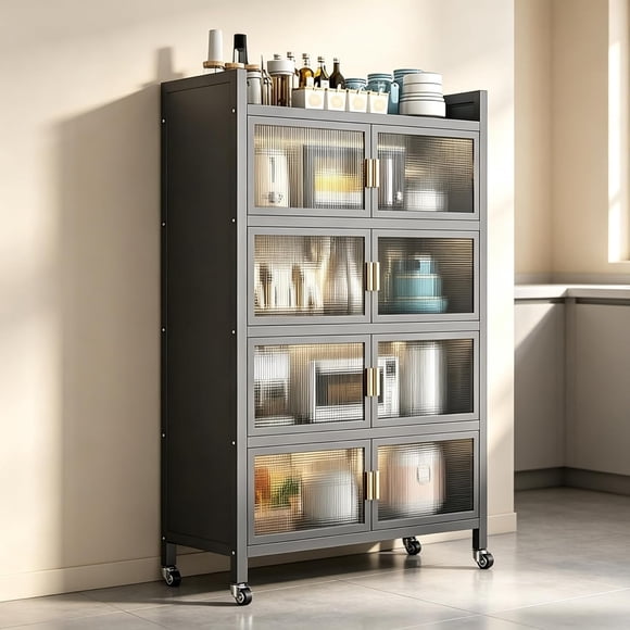 Mueble Despensero Multifuncional con Ruedas, 5 Niveles de Almacenamiento y Espacio para Microondas, Organizador Vertical de Cocina, Gris