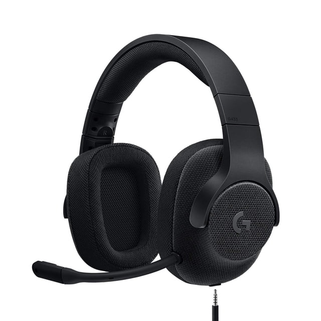 logitech g433 auriculares para juegos con cable 7.1 con auriculares dts: x 7.1 surround para pc, ps4, ps4 pro, xbox one, xbox one s, nintendo switch – triple negro Auriculares gaming over-ear triple negro en vista 3/4 con diadema acolchada y micrófono boom desmontable; copas ovaladas con tejido de malla deportiva, logo G visible y cable con conector de 3.5 mm. Carcasa de tela hidrófoba resistente a manchas, incluye almohadillas de microfibra y malla, diseñados para sonido envolvente DTS Headphone:X 7.1 y controladores Pro-G. También se usan a menudo para llamadas y streaming gracias al micrófono desmontable.