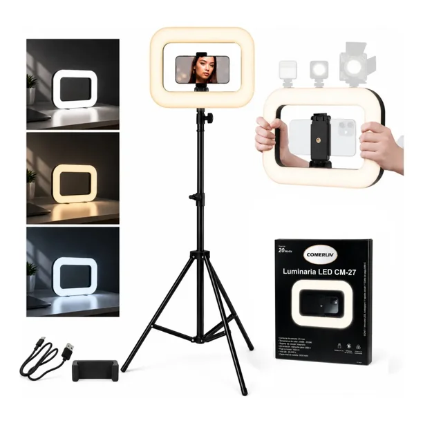 Panel de Luz LED Rectangular Recargable con Tripié 2.1 m Soporte Celular 20 W