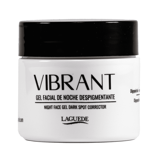 crema facial anti-edad de noche laguede 50g despigmentante natural gel facial de noche LAGUEDE 50 g en tarro blanco con tapa negra, vista frontal centrada que muestra 'VIBRANT' y texto 'Gel facial de noche despigmentante'; indicado antimanchas, altamente hidratante y para aplicación nocturna.