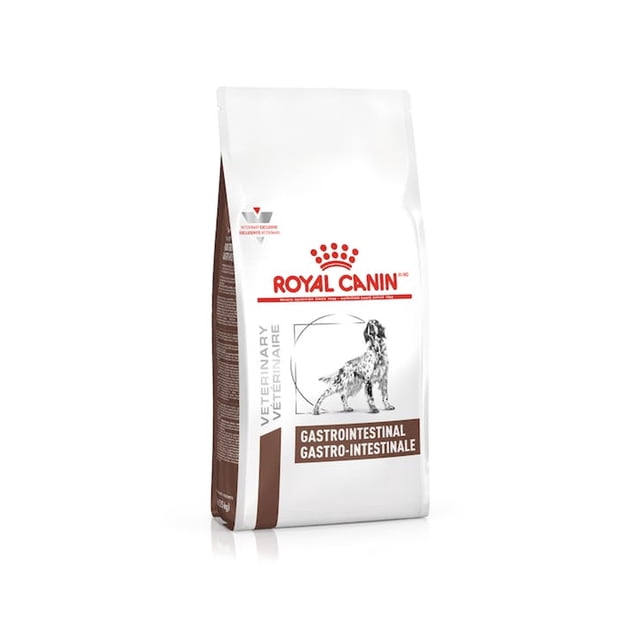 alimento para perro royal canin gastro-intestinal 4 kg royal canin veterinario 4 kg saco blanco y marrón en vista frontal 3/4 con logo Royal Canin, texto "Gastrointestinal" en panel frontal y dibujo de un perro dentro de un recuadro; fondo blanco.