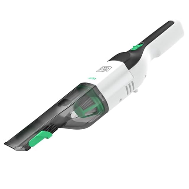 aspiradora de mano black+decker 8v max reviva, inalámbrica, con depósito transparente (revhv8j40) Aspiradora de mano blanca y gris en vista 3/4 frontal con boquilla alargada y depósito translúcido visible; botones y acentos verdes y cepillo abatible integrado visible; diseño portátil y vaciado fácil del depósito según especificaciones.
