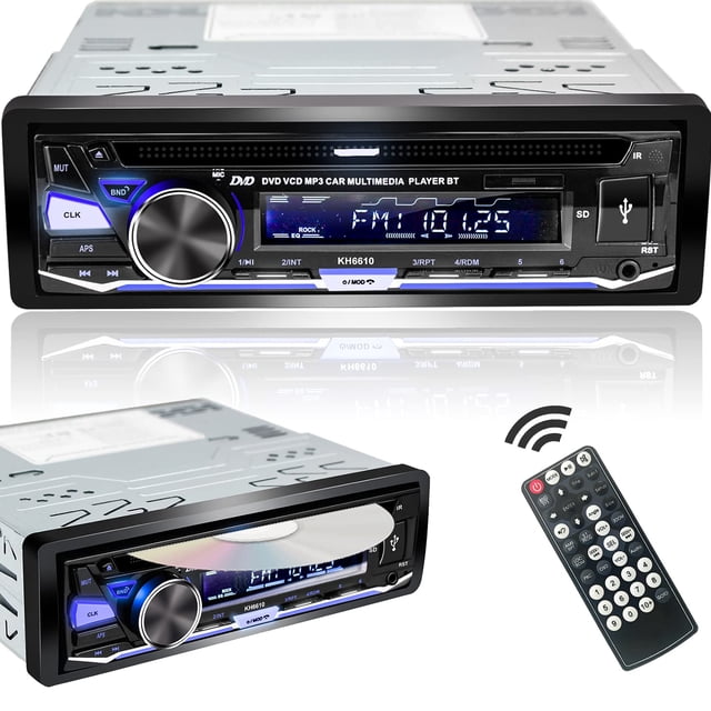alondy 1 din auto radio autoestéreo estéreo con reproductor cd/dvd bluetooth usb am/fm radio rds vista frontal centrada de unidad 1 DIN Alondy con pantalla LED azul, perilla giratoria metálica a la izquierda, botones frontales, ranura para CD/DVD, indicador SD y puerto USB visibles, control remoto incluido; a menudo usado para reproducir música por Bluetooth en vehículos.
