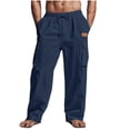 thumbnail image 1 of Amzcrzy Mens Linen Pants Comfortable Elastic Waist Drawstring Trousers for Men Summer Casual Relaxed Fit Beach Yoga Pants Lightweight Baggy Wide Leg Pants for Men with Flag Label S-3XL Azul, 1 of 6