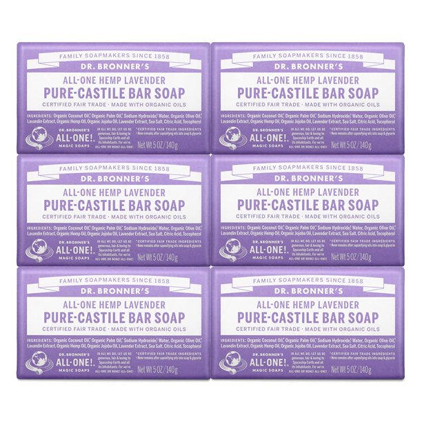 Jabón en barra Dr. Bronner's Pure-Castile Lavender, 150 ml, paquete de 6