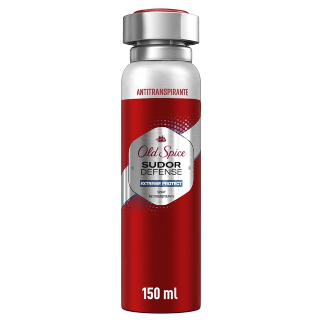 spray antitranspirante old spice extreme protect 93 g aerosol rojo con tapa plateada, vista frontal centrada del frasco cilíndrico mostrando el logotipo Old Spice y la etiqueta 'Sudor Defense Extreme Protect'; acabado metálico con gráficos blancos y azules sobre fondo blanco; indicado para aplicación en axilas y también usado para refrescar ropa interior en viajes.