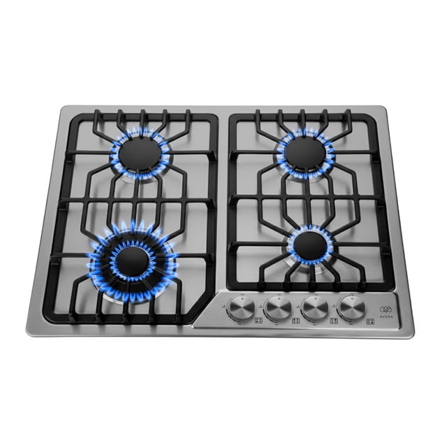 parrilla de gas avera 4 quemadores empotrable acero inoxidable Vista cenital frontal de parrilla empotrable en acero inoxidable con 4 quemadores tipo spider; rejillas de hierro fundido negras, cuatro perillas frontales metálicas, llamas azules en tres quemadores, encendido eléctrico y compatibilidad Multigas (LP y Natural). A menudo se usa también como superficie de cocción principal en cocinas abiertas.