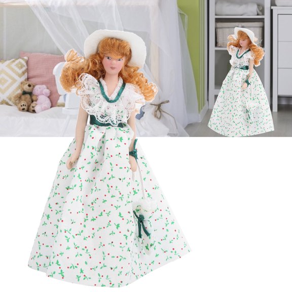 Muñeca 1:12 Muñeca De Porcelana En Miniatura Vestido Verde Mujer Señora Muñeca Elegante Accesorio De Casa De Muñecas