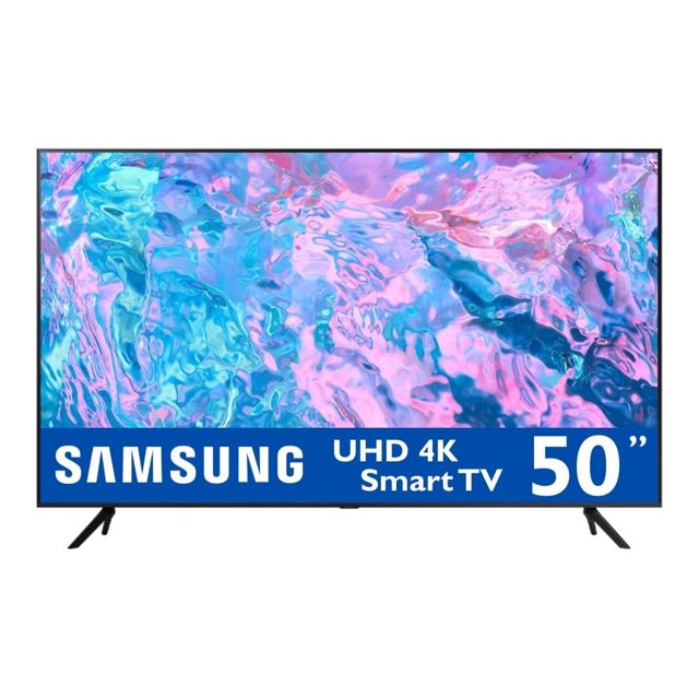 tv samsung 50 pulgadas ultra hd 4k smart un50cu7000fxzx televisor de pantalla plana 50 pulgadas con marco negro delgado y soportes en V, pantalla frontal con gráfico colorido y banda inferior azul que muestra Samsung y texto UHD 4K Smart TV; incluye Smart Hub y Procesador Crystal 4K, también adecuado para salas de entretenimiento compactas.